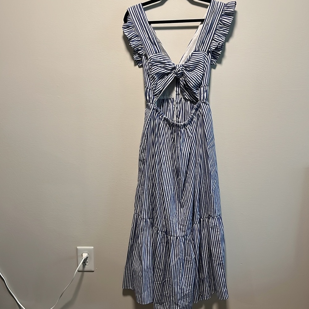O.P.T. Stella Blue and White Stripped Tiered Ruffle Midi Dress, Seersucker, Size - Picture 9 of 13